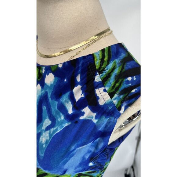Joseph Ribkoff Dress Hawaiian Tropical Sheath Ruched Line Sleeveless Size 8 Blue - Picture 10 of 14